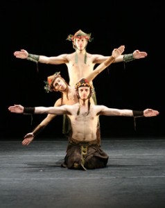 This is Sydney Skybetter, Philip Montana, and Bryan Campbell performing in The Voyage of the Húi Corra (2008). Photo by Tony Dougherty.