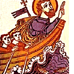 A medieval image of St. Colm Cille on a boat