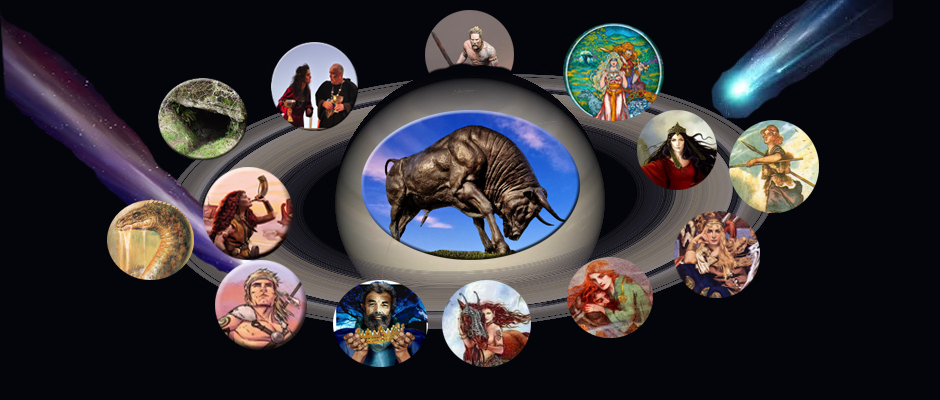 A graphic showing a ringed planet, with a bull on the central planet, and images representing characters from the Táin on satelites around the planet